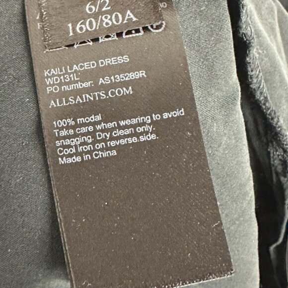 Allsaints Kaili Black Laced Dress Size 2 Shift Minimalist Split 100% Modal Mini - Picture 8 of 14